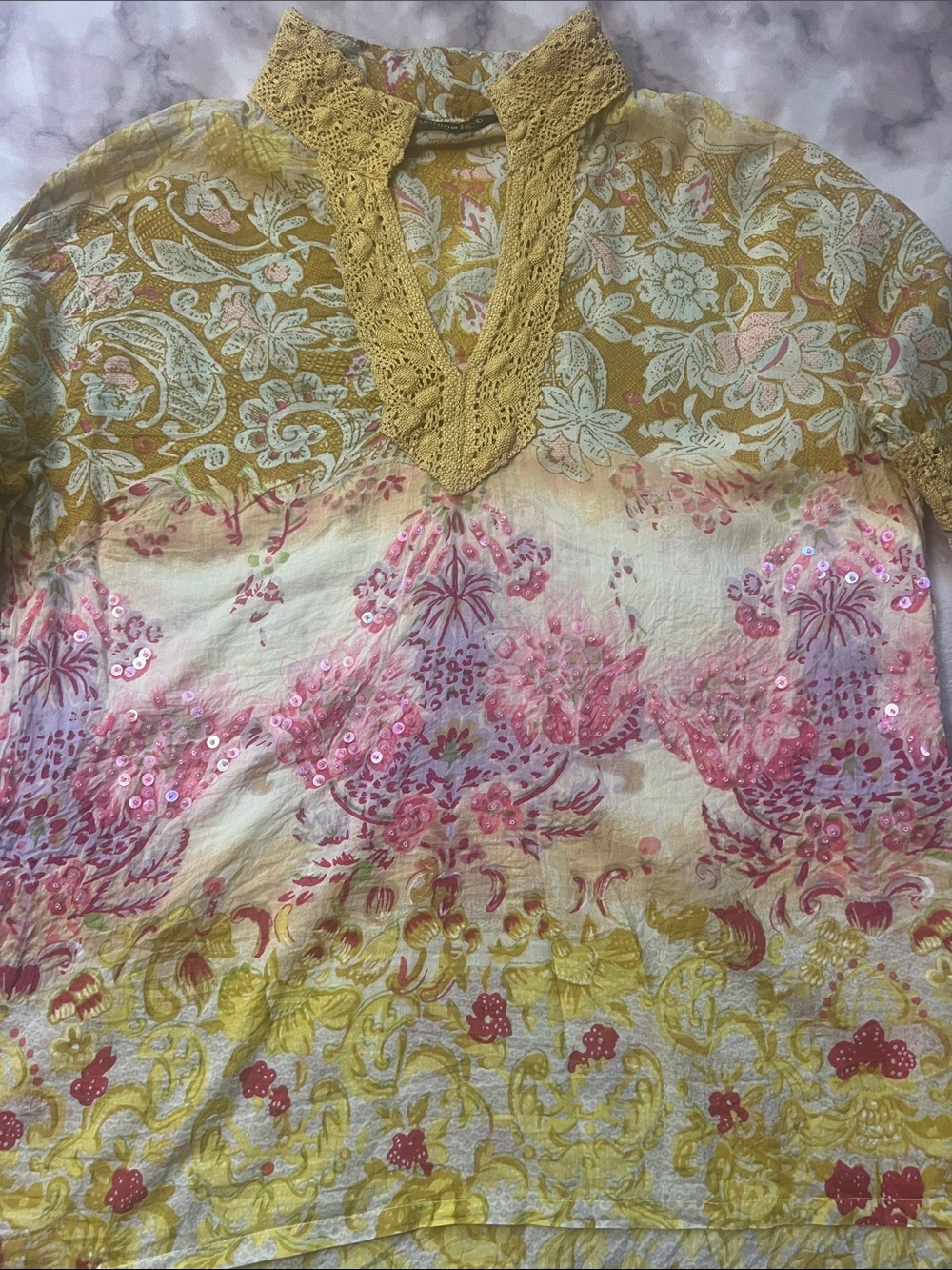 Jasmine Yellow & Pink Floral Lace-Trim Top
